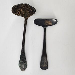 Antique Silver Plate Ornate Shell Ladle and Community Silver Food Pusher Set